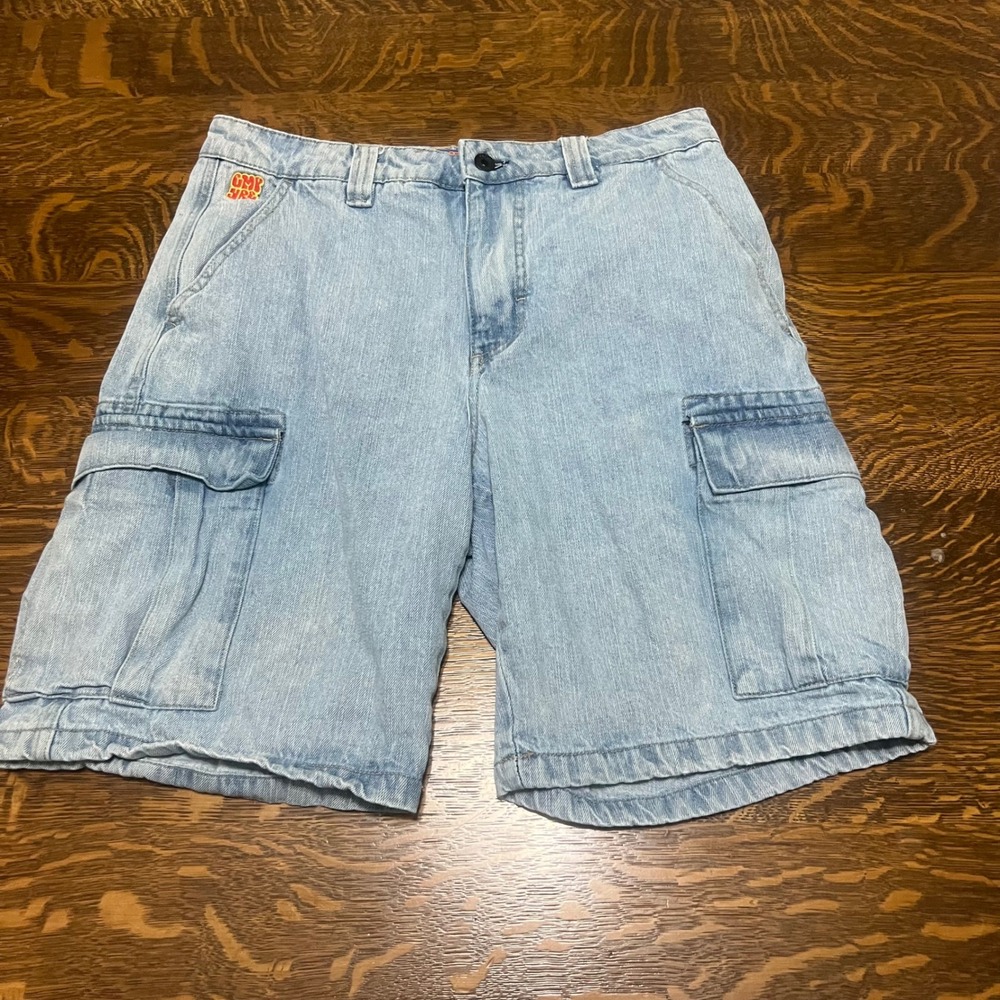 Empyre Denim Cargo Shorts Mens 30 Light Wash Blue Embroidered Logo Pockets